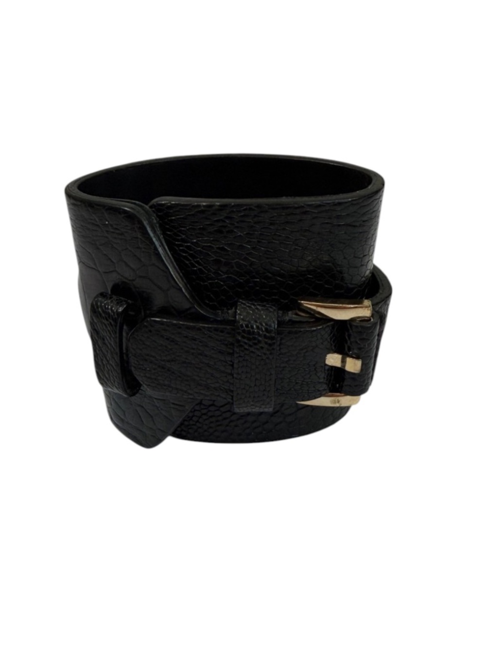 Givenchy Black Ostrich Leather Wide Buckle Cuff Bracelet Gold Tone Italy
